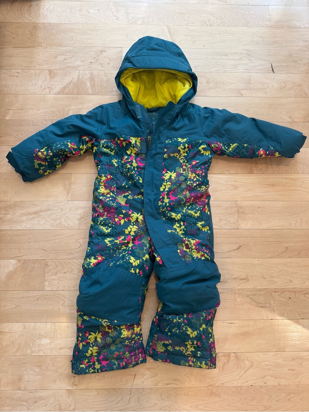 L.L. Bean Teal Snowsuit with Yellow Lining and Multicolor Floral Print